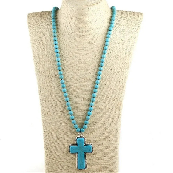 Turquoise Natural Stone Beads Bohemian Western Cross Necklace - Picture 4 of 12